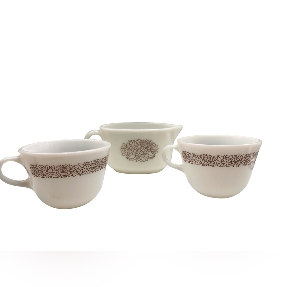 Vtg 2 Pyrex Woodland Milk Glass Coffee Tea Cups 1 Creamer Floral Cottagecore